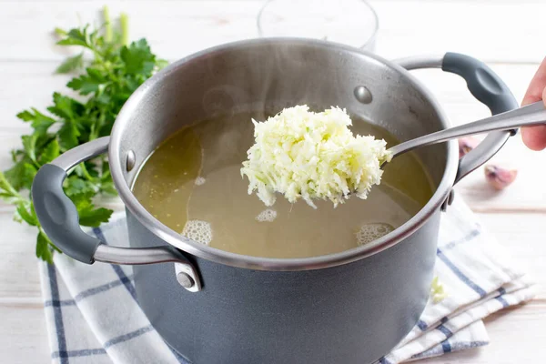 Step Step Preparation Soup Pumpkin Vegetables Step Adding Chopped Cabbage — Stock Photo, Image