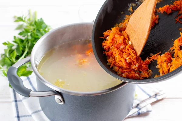 Sup Persiapan Tahap Demi Tahap Dengan Labu Dan Sayuran Langkah — Stok Foto