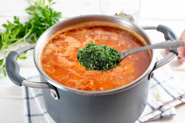 Step Step Preparation Soup Pumpkin Vegetables Step Adding Greens Broth — Stock Photo, Image