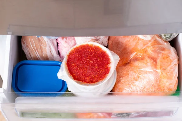 Makanan Beku Dalam Freezer Sayuran Beku Sup Makanan Siap Saji — Stok Foto