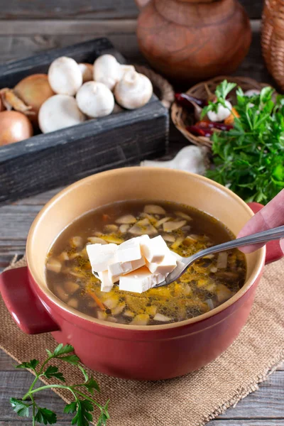 Preparation Cheese Soup Mushrooms Potatoes Carrots Step Step Recipe — Stock Photo, Image