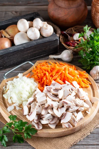 Preparation Cheese Soup Mushrooms Potatoes Carrots Step Step Recipe — Stock Photo, Image