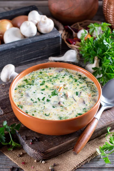 Mushroom Cheese Soup Bowl Ingredients Wooden Table Vertical View Close — Stock Photo, Image