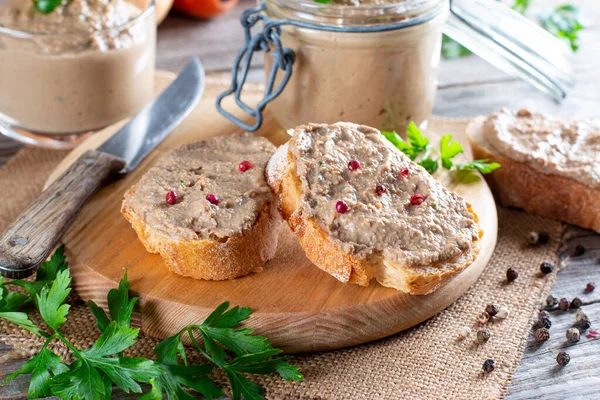 Fresh Homemade Chicken Liver Pate Bread Rustic Wooden Background — Stock Photo, Image