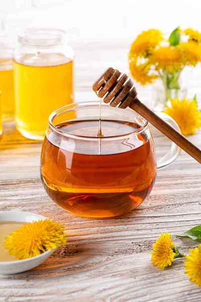 Medicinal Tea Dandelion Glass Cup Honey Dandelion Wooden Table — Stock Photo, Image