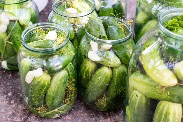 Preparation Canned Cucumbers Fermented Cucumbers Glass Jars Ingredients Pickling Cucumbers — Stock Photo, Image