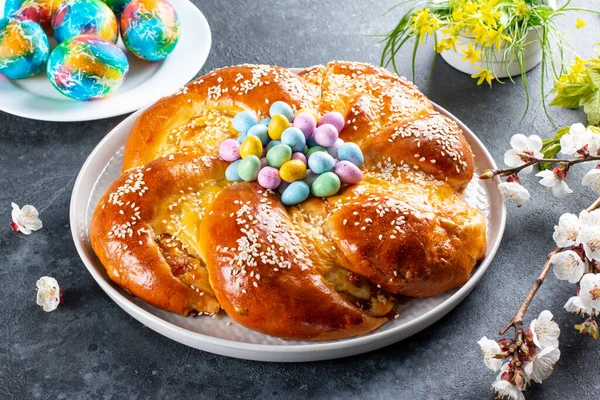 Easter ring bread with eggs, Easter sweet braided bread