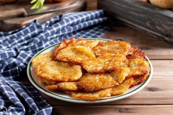 Homemade Traditional Fried Potato Pancakes Latke Hanukkah Dish Rustic Wooden — Stock Photo, Image