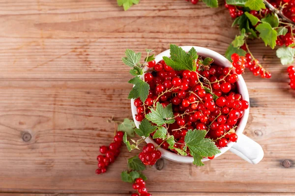 Fresh Red Currant Wooden Table Top View Copy Space — Foto de Stock