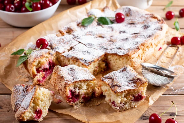 Sponge Cake Chiffon Cake Cherries Soft Delicious Ingredients Table Homemade — 图库照片