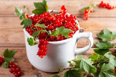 Fresh red currant berries in a cup on a rustic wooden background. Close up and selective focus