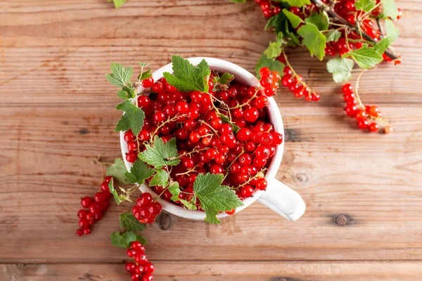 Cup Fresh Red Currants Ribes Rubrum Rustic Wooden Background Top — Foto de Stock