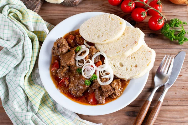 Fine Meat Beef Goulash Red Pepper Wooden Table Top View — стоковое фото