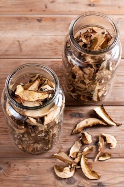 Dried mushrooms. Mushrooms in jar on the old wooden table