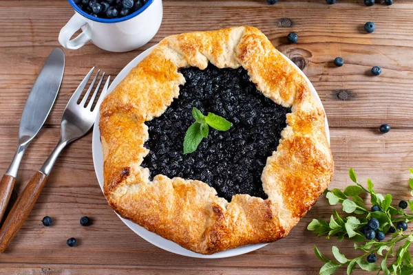 Tasty Blueberry Galette Rustic Wooden Table Closeup — kuvapankkivalokuva