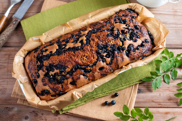 Blueberry Cake Fresh Berries Rustic Wooden Table Selective Focus — Stockfoto