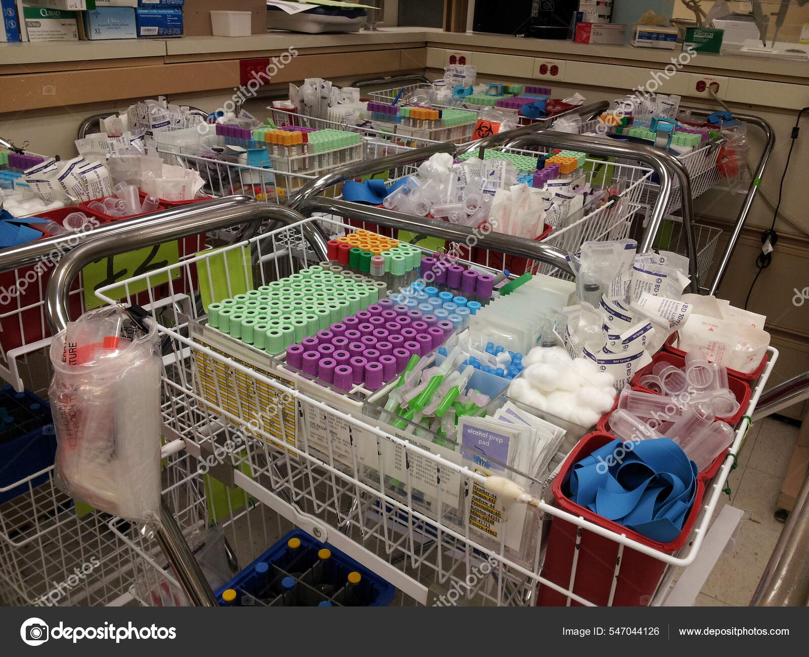 Phlebotomy Blood Tubes on Carts for Hospital Blood Draws Stock