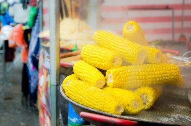 taze sarı mısır koçanı Pan pazarında haşlanmış