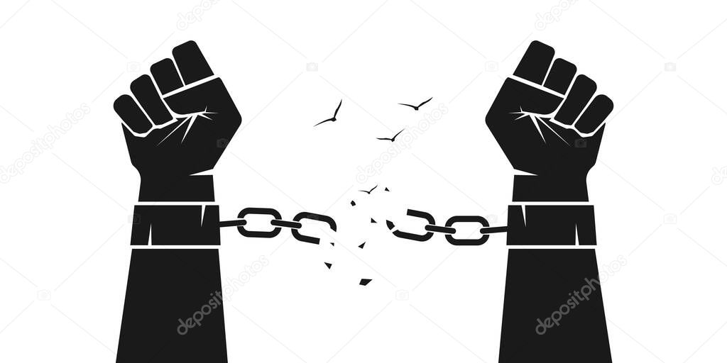Hands are breaking steel handcuffs. Broken chains, shackles. Freedom concept. Isolated vector illustration.