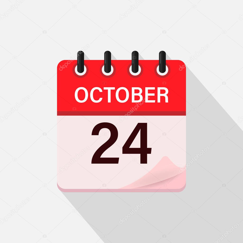 October 24, Calendar icon with shadow. Day, month. Flat vector illustration.