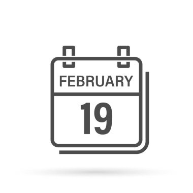 19 Şubat, gölgeli takvim simgesi. Gün, ay. Düz vektör illüstrasyonu.