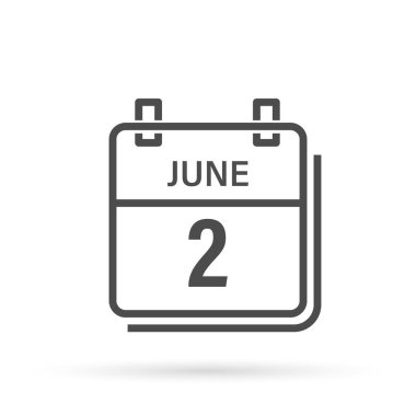 2 Haziran, gölgeli takvim simgesi. Gün, ay. Düz vektör illüstrasyonu.