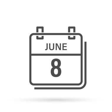 June 8, Calendar icon with shadow. Day, month. Flat vector illustration.