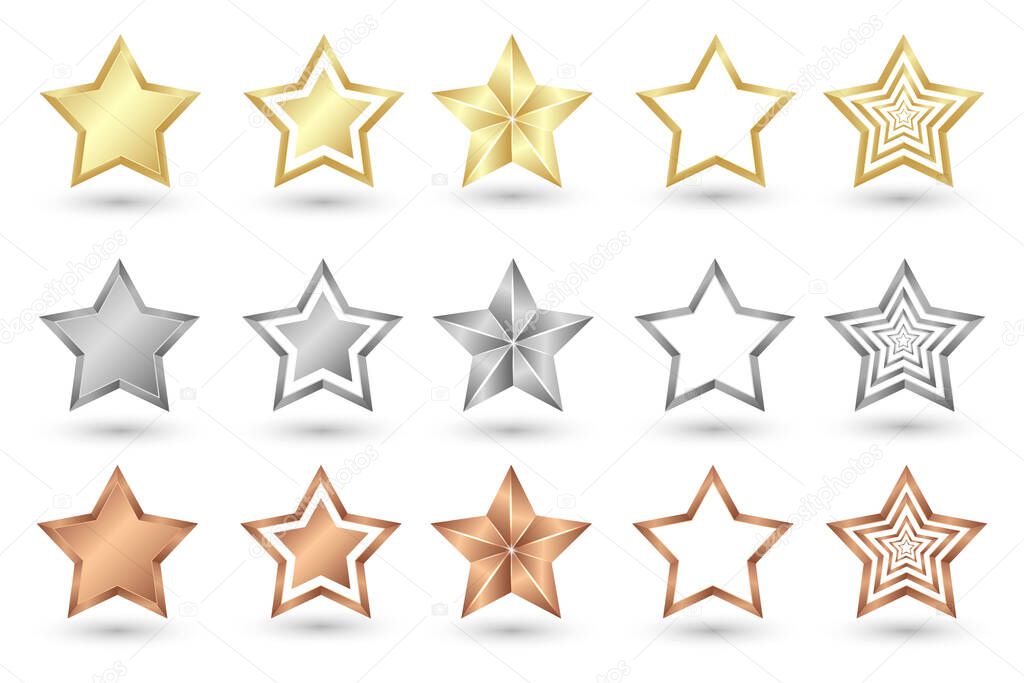 Gold Silver and Bronze star. Realistic stars. Star icon set vector illustration