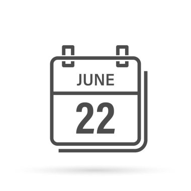 22 Haziran, gölgeli takvim simgesi. Gün, ay. Düz vektör illüstrasyonu.