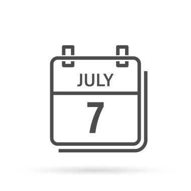 7 Temmuz, gölgeli takvim simgesi. Gün, ay. Düz vektör illüstrasyonu.