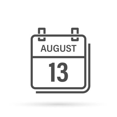 13 Ağustos, gölgeli takvim simgesi. Gün, ay. Düz vektör illüstrasyonu.