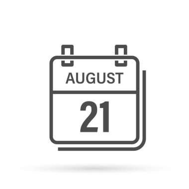 21 Ağustos, gölgeli takvim simgesi. Gün, ay. Düz vektör illüstrasyonu.