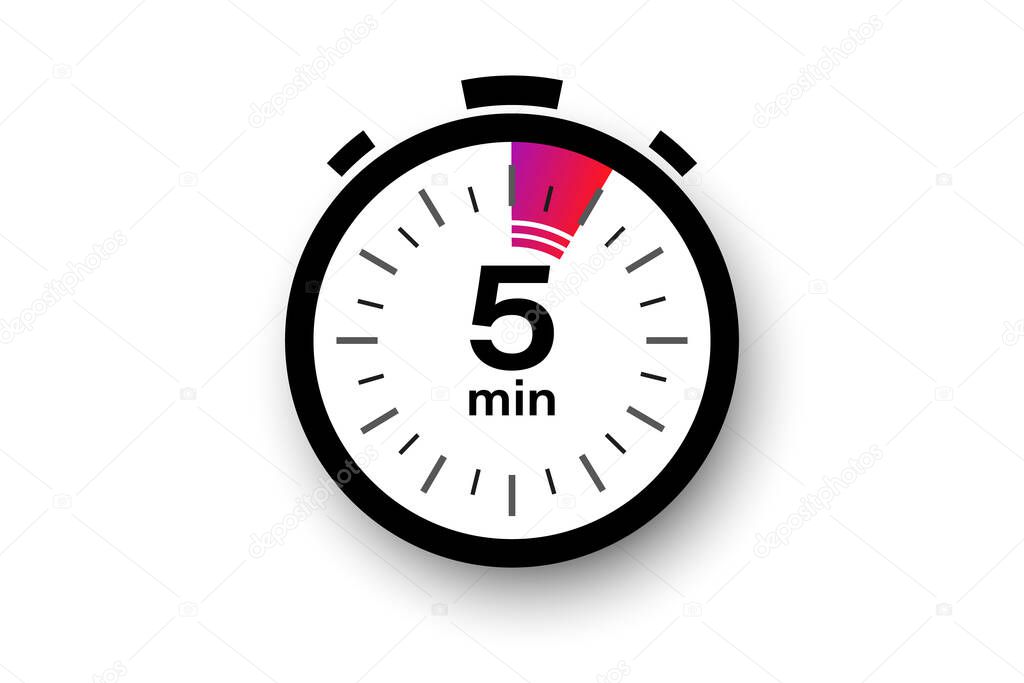 5 minutes timer. Stopwatch symbol in flat style. Isolated vector illustration.