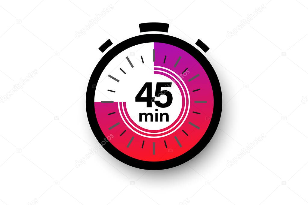 45 minutes timer. Stopwatch symbol in flat style. Editable isolated vector illustration.