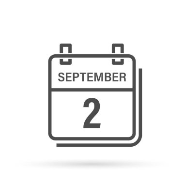 2 Eylül, gölgeli takvim simgesi. Gün, ay. Düz vektör illüstrasyonu.
