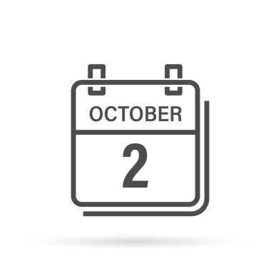 2 Ekim, gölgeli takvim simgesi. Gün, ay. Düz vektör illüstrasyonu.