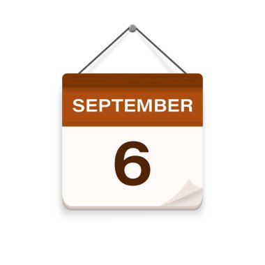 September 6, Calendar icon with shadow. Day, month. Meeting appointment time. Event schedule date. Flat vector illustration. 