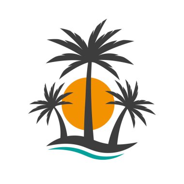 Palm tree, sun and birds. Summer icon. Sunset or sunrise concept on an island. Vector illustration isolated on white background