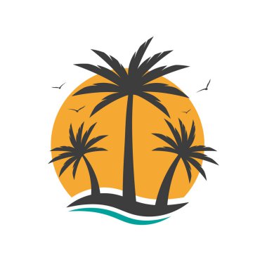 Palm tree, sun and birds. Summer icon. Sunset or sunrise concept on an island. Vector illustration isolated on white background