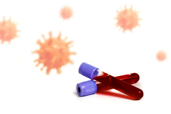 コロナウイルス細胞の飛行を背景に、血液検査を行う2つの検査管. — ストック写真