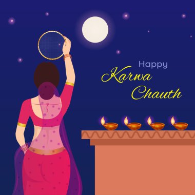 Mutlu Karwa Chauth festivali grafikleri. Karwa Chauth sırasında oruç tutan Hintli kadının yaratıcı tasarımı..
