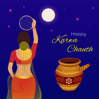 Mutlu Karwa Chauth festivali grafikleri. Karwa Chauth sırasında oruç tutan Hintli kadının yaratıcı tasarımı..