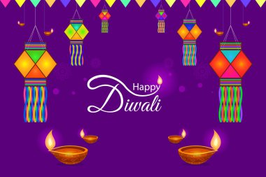 Diwali, web siteleri ve sosyal medya için tebrik arkaplanını dekore etti. Mutlu Diwali tipografisi ile dekore edilmiş Diwali feneri veya kandil.