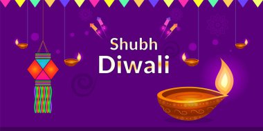 Dade ve renkli fenerli Shubh Diwali bayrağı.