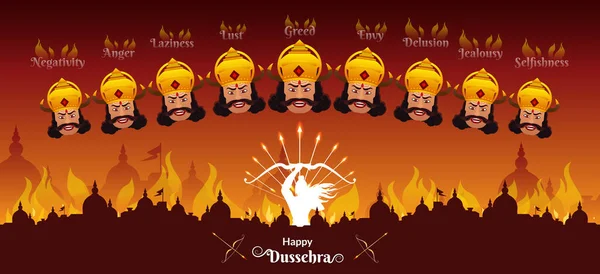 Indian Festival Dussehra Greeting Ravana Evil Heads Showing Social Evils — Stock Vector