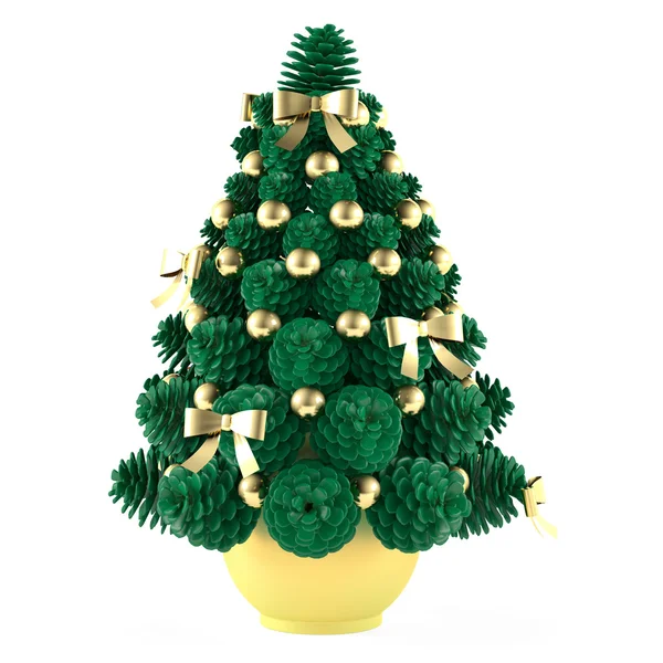 Árvore de brinquedo de Natal feita de cones com brinquedos de ouro — Fotografia de Stock