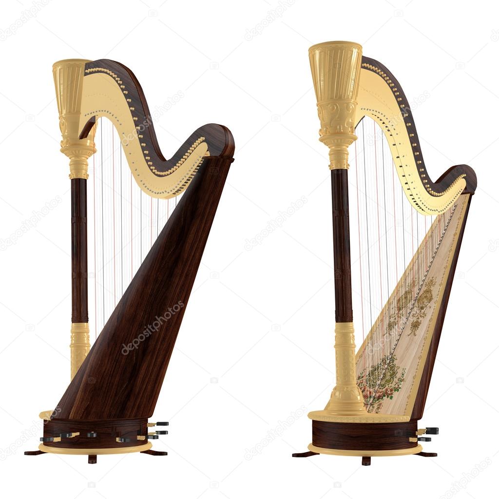 Ancient harp isolated. Two angles of view
