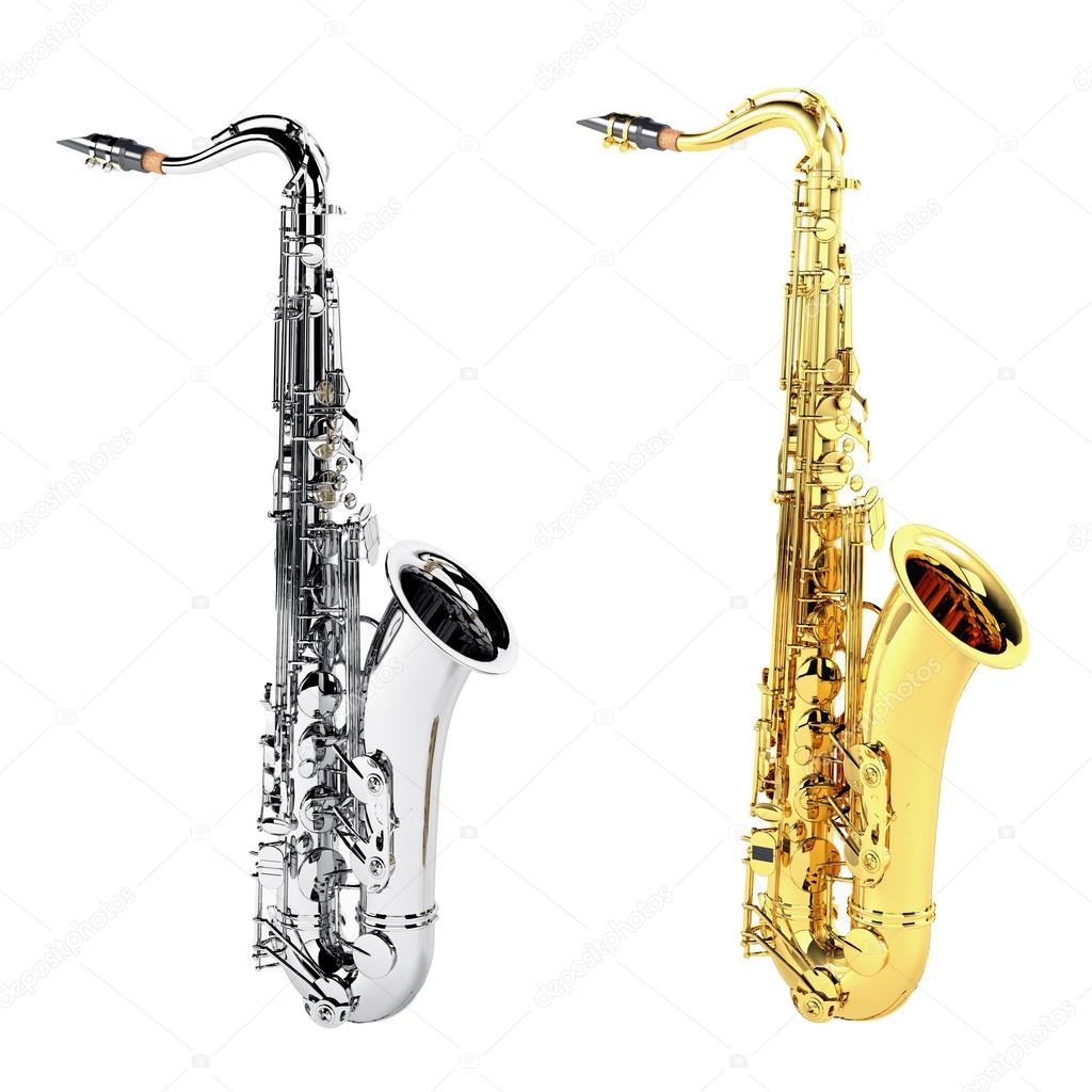 Gold copper and silver chrome saxophone isolated
