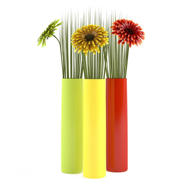 Gerbera in vase isolated. Color vases — Stock Photo, Image