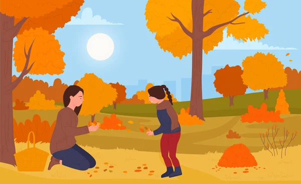 秋天的散步，与家人玩耍，快乐的母亲和女儿玩橙色的叶子 — 图库矢量图片